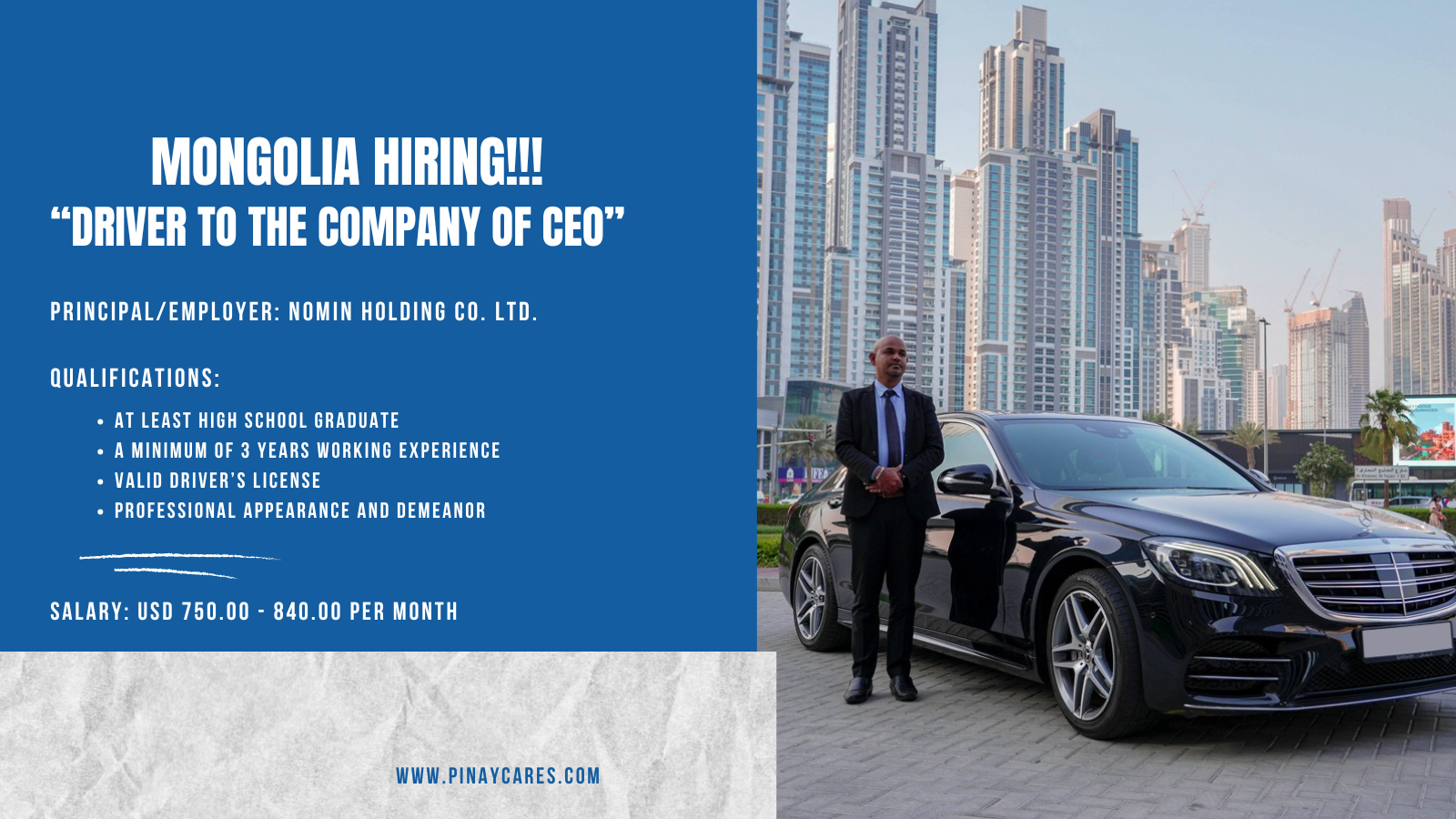 MEC International Manpower Resources Incorporated is looking for Driver’s to the Company CEO bound to Mongolia