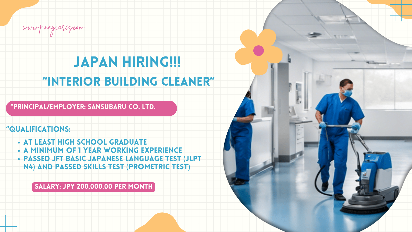 JCJ Management Services & International Promotion is looking for Interior Building Cleaner’s bound to Japan