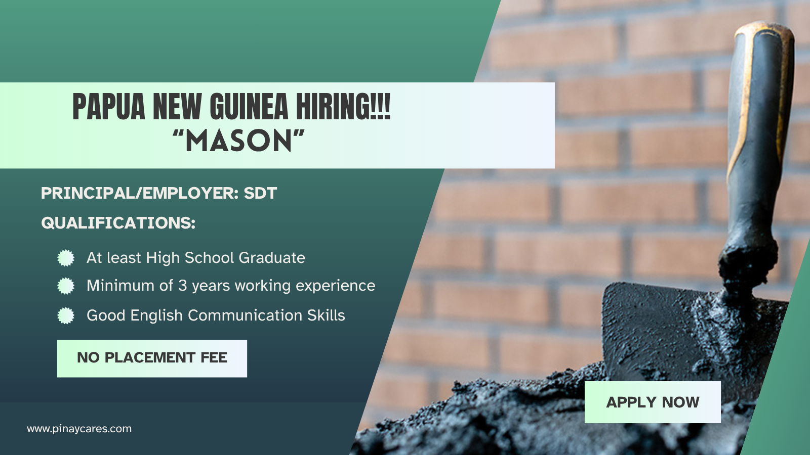 1st Dynamic Personnel Resources Inc. is looking for Mason’s bound to Papua New Guinea