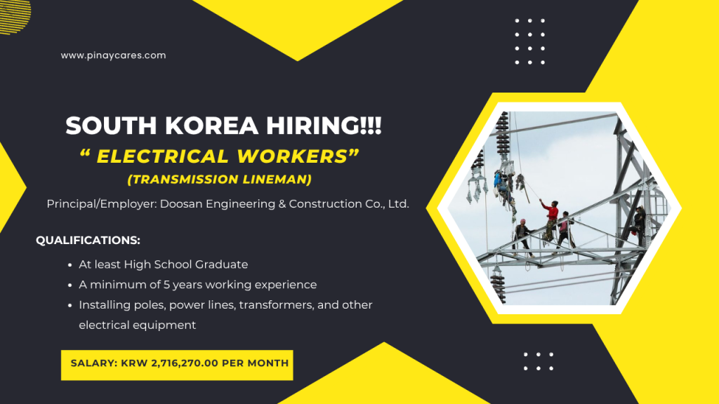 Mission Way Manpower Services Inc. is looking for Electrical Worker’s (Transmission Lineman) bound to South Korea